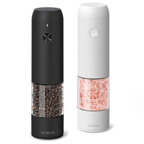 Ultrean Pepper Grinder, Rechargeable Salt and Pepper Grinder Set with 6 Adjustable Coarseness, LED Light, Automatic Grinder for Kitchen, House Warming Gifts New Home, White&Black