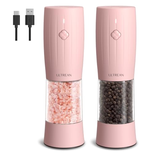 Ultrean Electric Salt and Pepper Grinder Set, USB-C Rechargeable, Salt and Pepper Shakers Spice Mill with 6 Adjustable Coarseness LED Light Larger Capacity, Kitchen Gadget, Gift for Women Mom, Pink