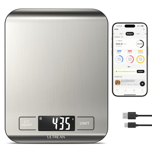 Ultrean Smart Food Kitchen Scale with Nutritional Calculator, App for Macro & Calorie Tracking, AI Scan, Digital Grams and Ounces for Weight Loss, Rechargeable, Stainless Steel, 33lb /15kg